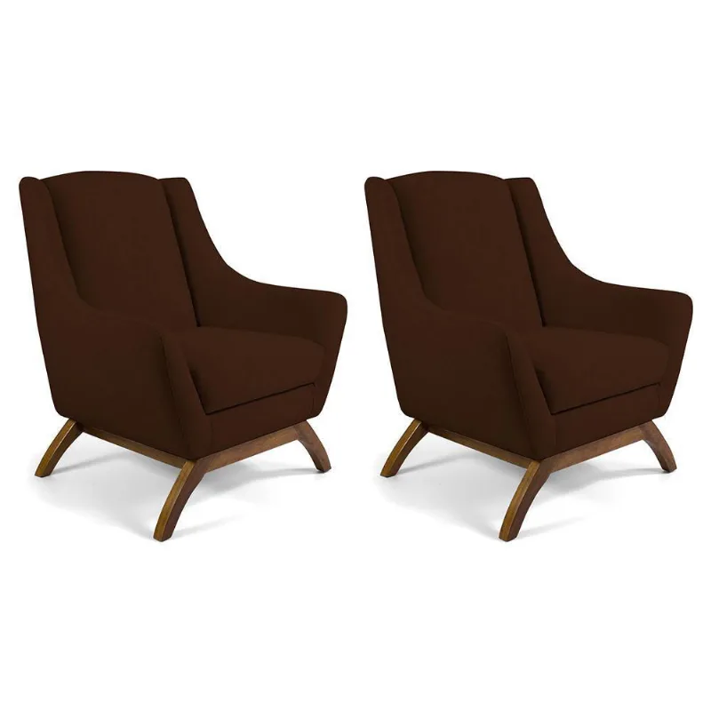 Kit 02 Poltronas Decorativas Base de Madeira Veludo Marrom
