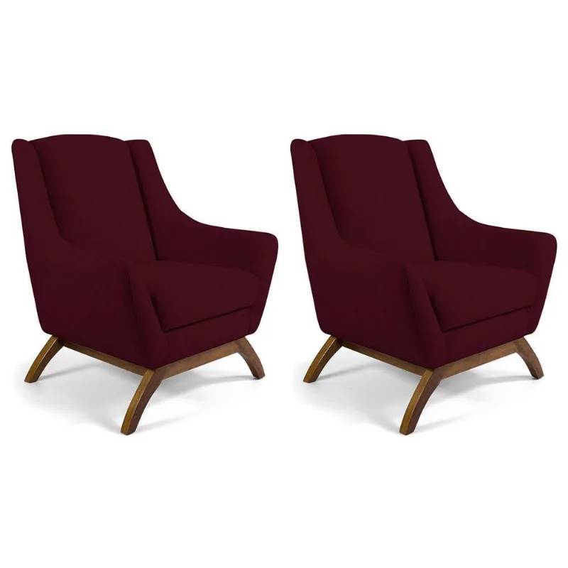 Kit 02 Poltronas Decorativas Base de Madeira Veludo Marsala