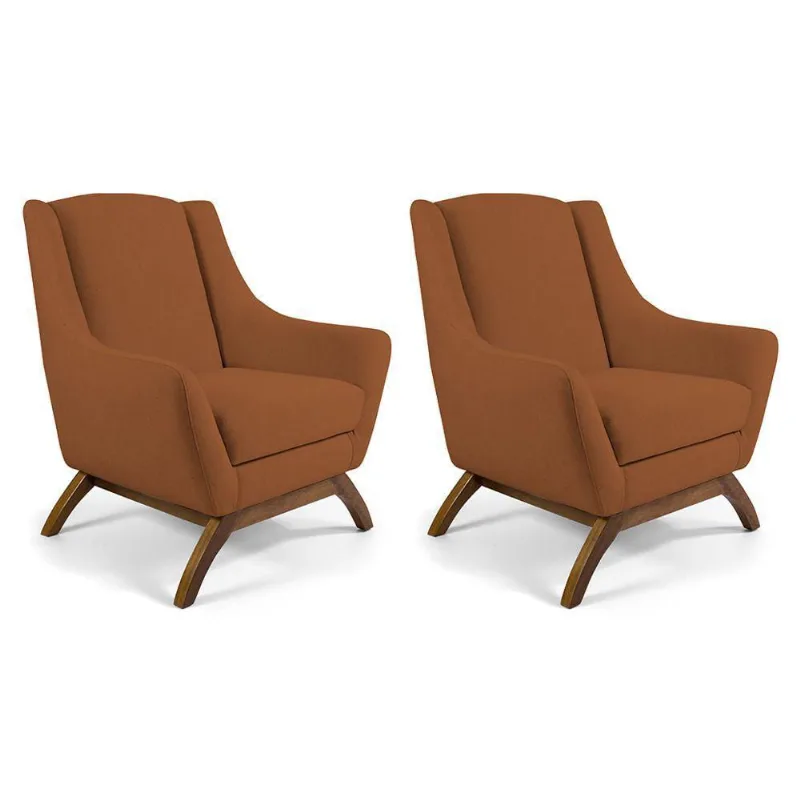 Kit 02 Poltronas Decorativas Base de Madeira Veludo Telha