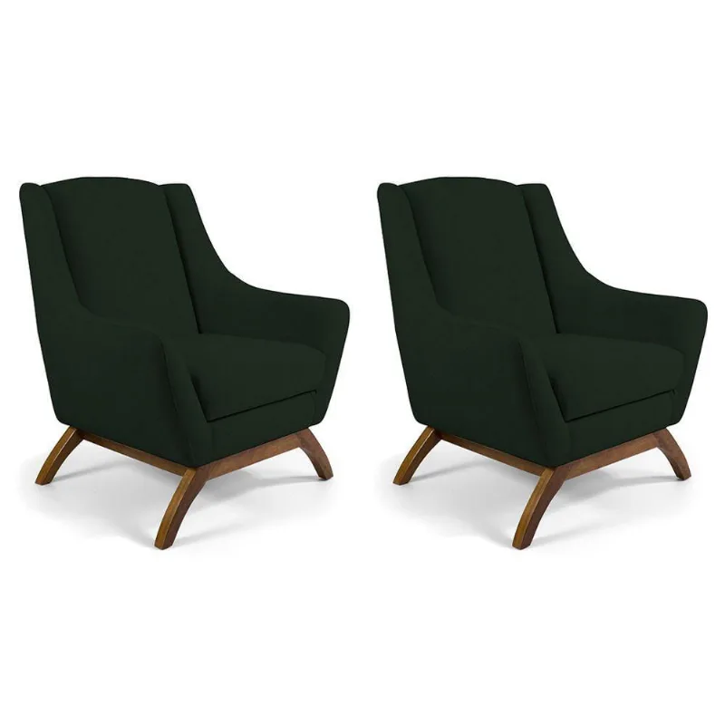 Kit 02 Poltronas Decorativas Base de Madeira Veludo Verde
