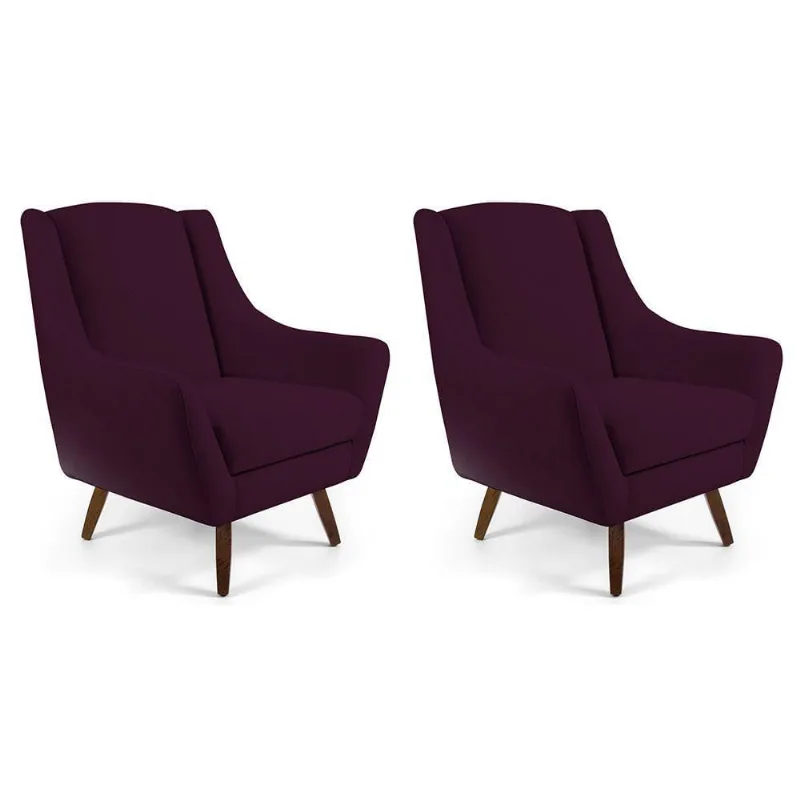Kit 02 Poltronas Pés de Madeira Naomi Veludo Roxo Grape