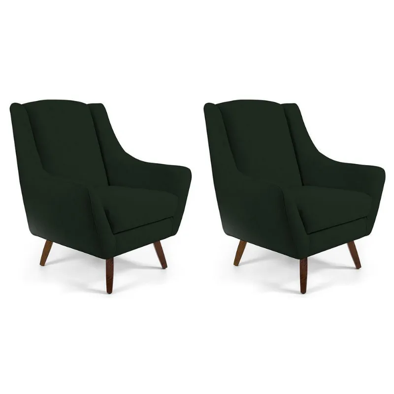 Kit 02 Poltronas Decorativas Sala de Estar Pés de Madeira Naomi Veludo Verde Musgo - Gran Belo