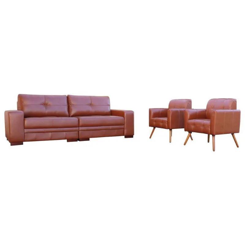 Conjunto de Sofá 4 Lugares Com 2 Poltronas Couro Caramelo