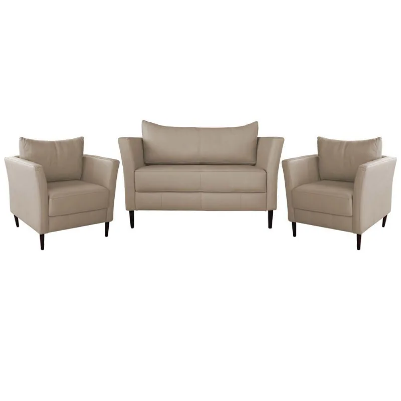 Conjunto Sofá 2 Lugares com 2 Poltronas Pés Palito Lubbock Couro Bege - Gran Belo