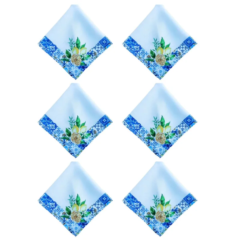 Jogo Com 6 Guardanapos Limões Azulejos Tecido 45x45cm Saldão