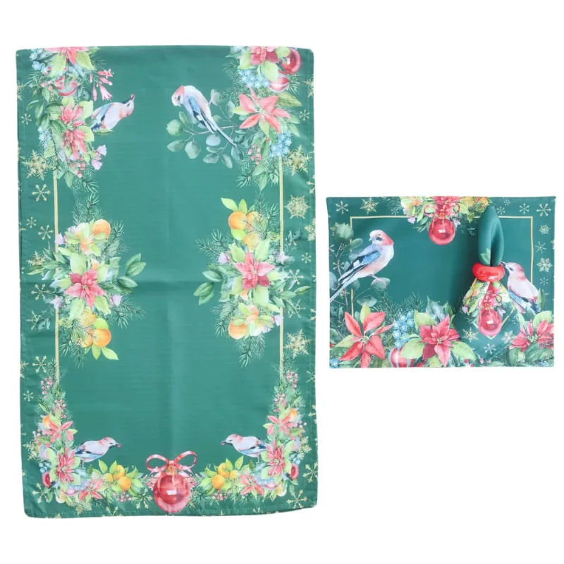 Kit Mesa Posta Natal 16 Peças Jogo Americano Trilhos de Mesa Flores Pássaros Para 6 Lugares