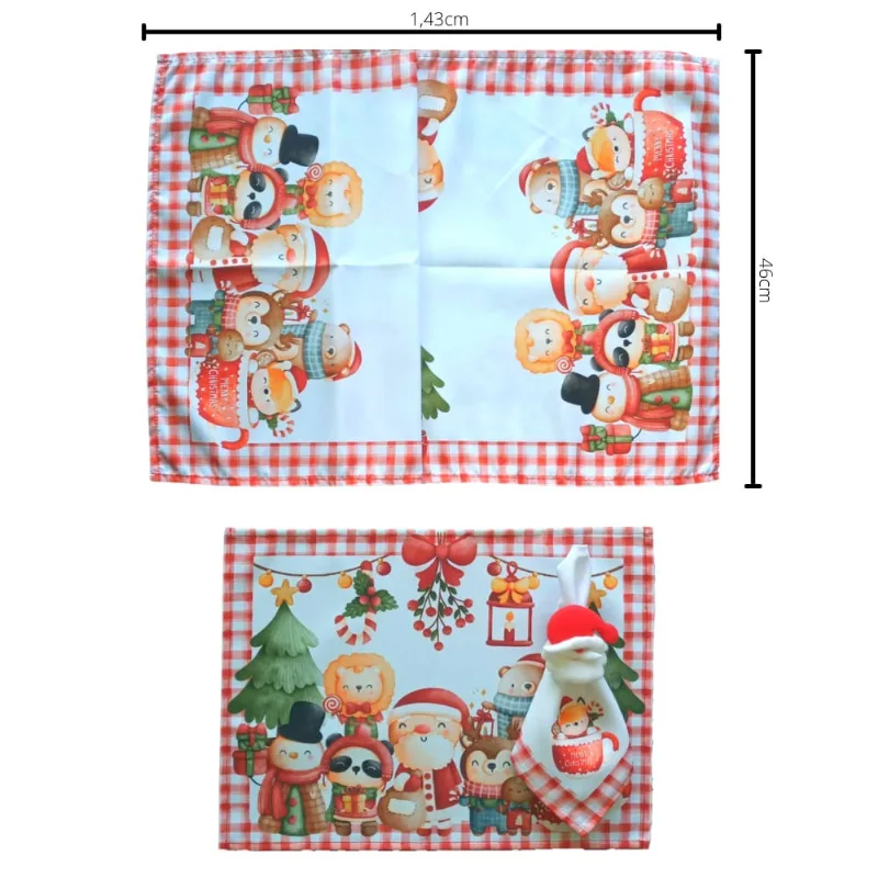 Kit Mesa Posta Natal 4 Peças Jogo Americano Trilhos de Mesa Papai Noel com Crianças Para 6 ou 8 Lugares