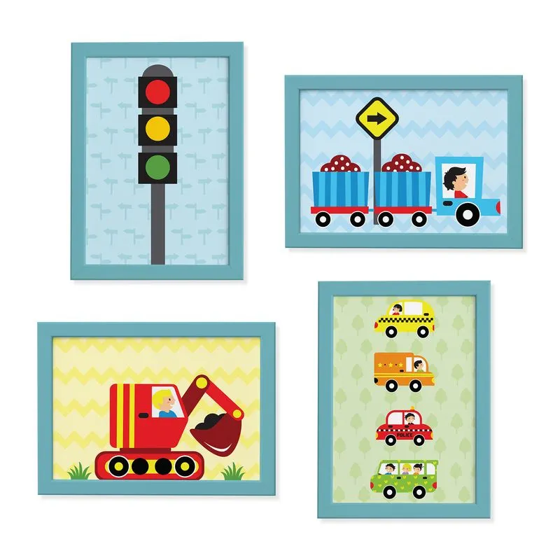 Quadros Infantis Carros Na Cidade 22x32cm Moldura Azul 4un
