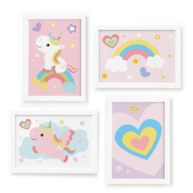 Quadros para Quarto Unicórnio 22x32cm Moldura Branca 4un