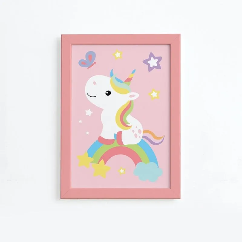 Quadro Infantil Unicórnio e Borboleta 22x32 Moldura Rosa