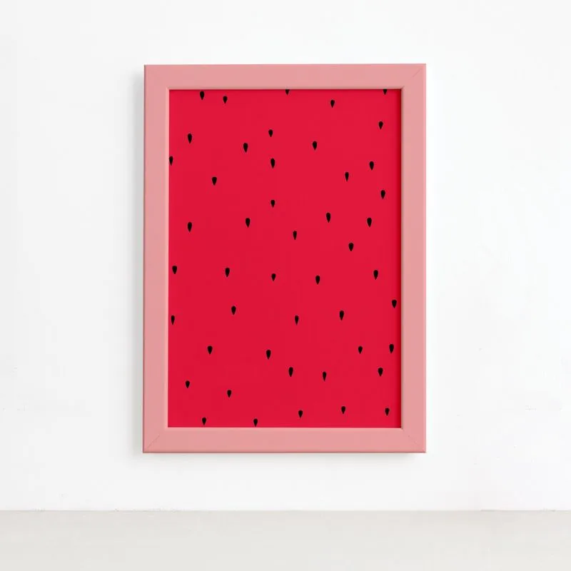 Quadro Decorativo MDF Sementes Melancia Moldura Rosa 22x32cm