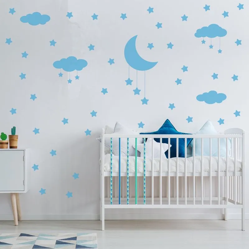 Adesivo de Parede Infantil Nuvens Lua e Estrelas Azul