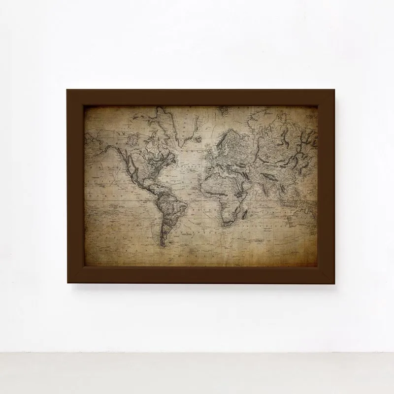 Quadro Vintage Mapa Mundi Antigo Moldura Marrom 33x43cm
