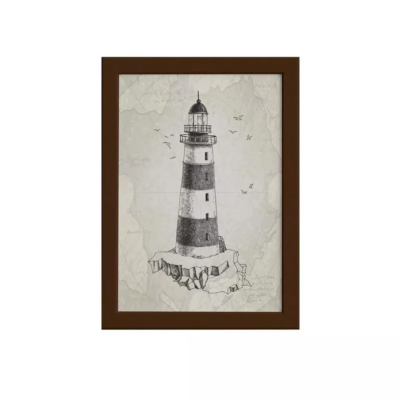 Quadro Vintage Náutico Farol Moldura Marrom 22x32cm