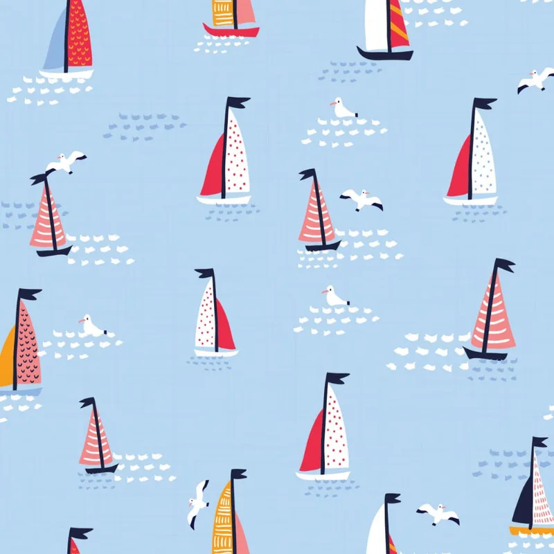 Papel de Parede Infantil Mar e Barcos Fundo Azul 57x270cm