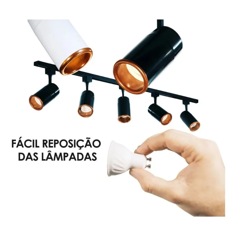 Trilho Eletrificado 2 Metros Preto Com Cobre 5 Spot Led 7w