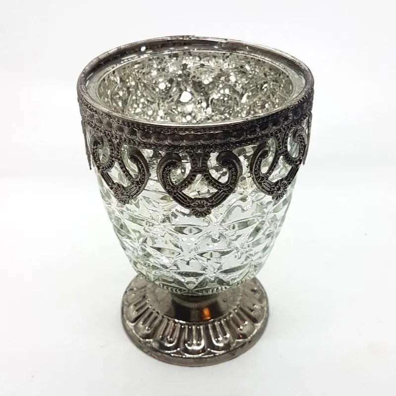 Castiçal Porta Velas Medieval em Vidro Vintage Prata C/ Base