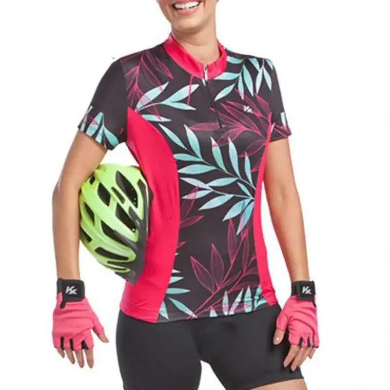 Camiseta Kanxa Ciclismo Feminina Floral Mc - Preto + rosa