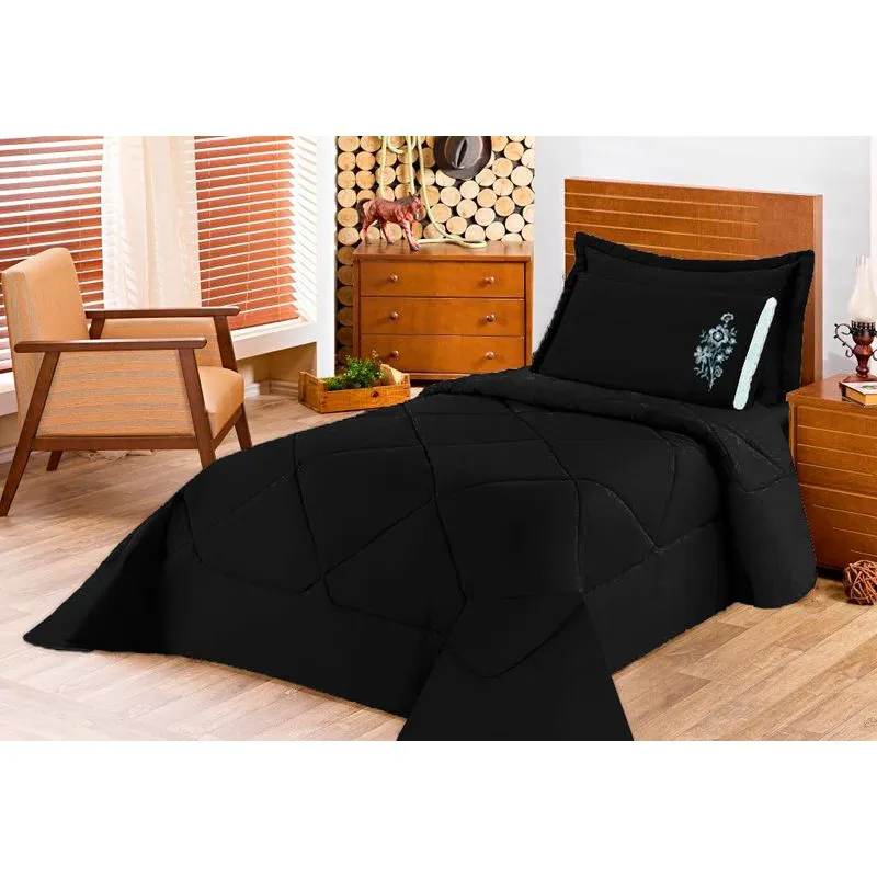 Kit Edredom Conforto Solteiro 4 peças 100% Poliéster - Preto