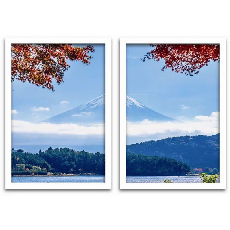 Quadros Decorativos 2 Peças 20x30 Monte Fuji Moldura Branca