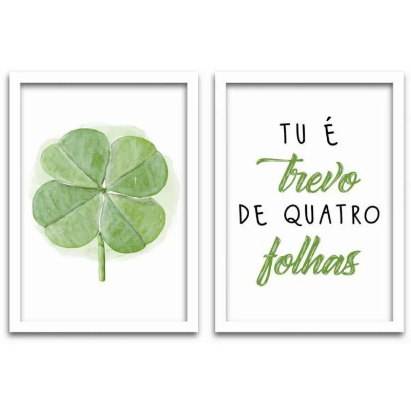 Conjunto Quadros Decorativos 2 pçs mdf 20x30 Trevo 4 folhas