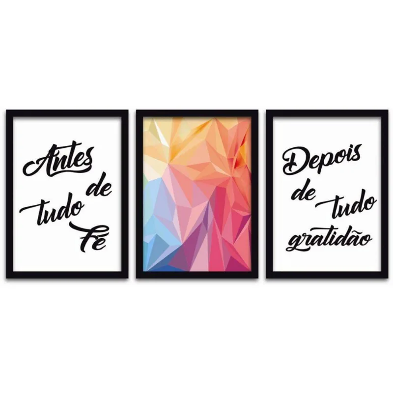 Conjunto Quadros Decorativos 3 peças MDF 30x45 Frases Formas