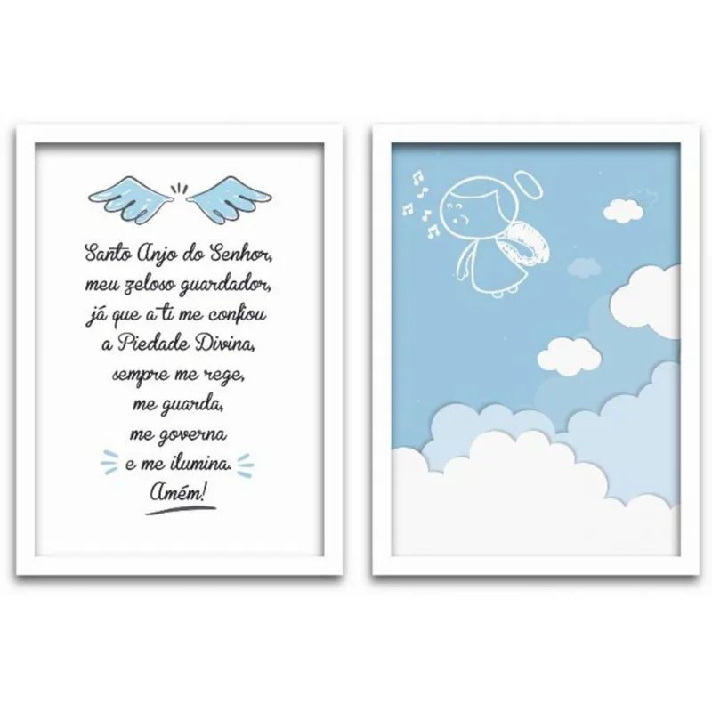 Quadros Decorativos 2 Pçs 40x60cm Menino Anjo Moldura Branca