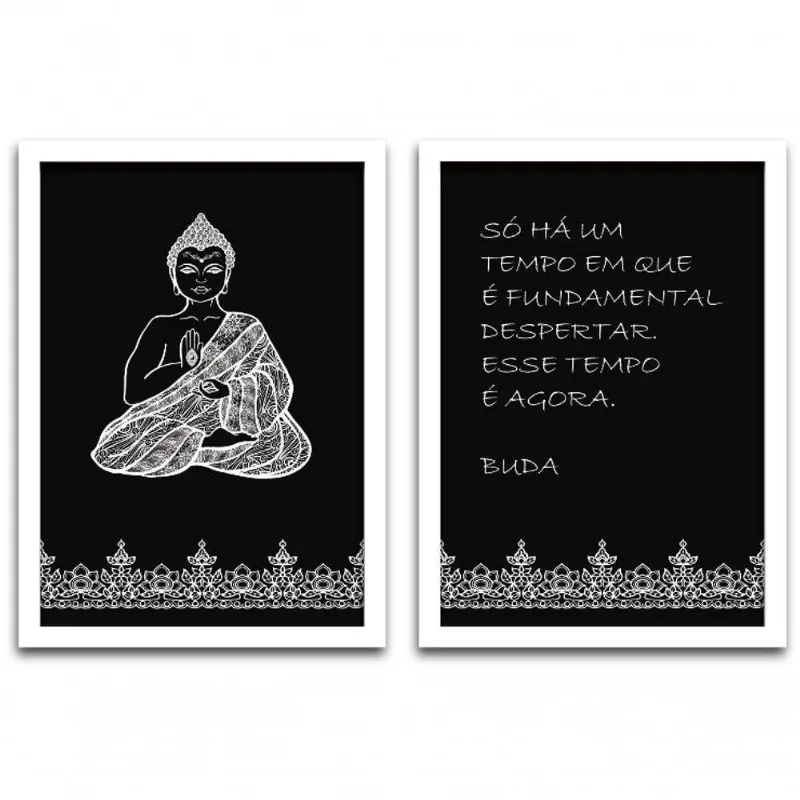 Conjunto Quadros 2pçs 40x60 Buda Moldura Branca Fundo Preto