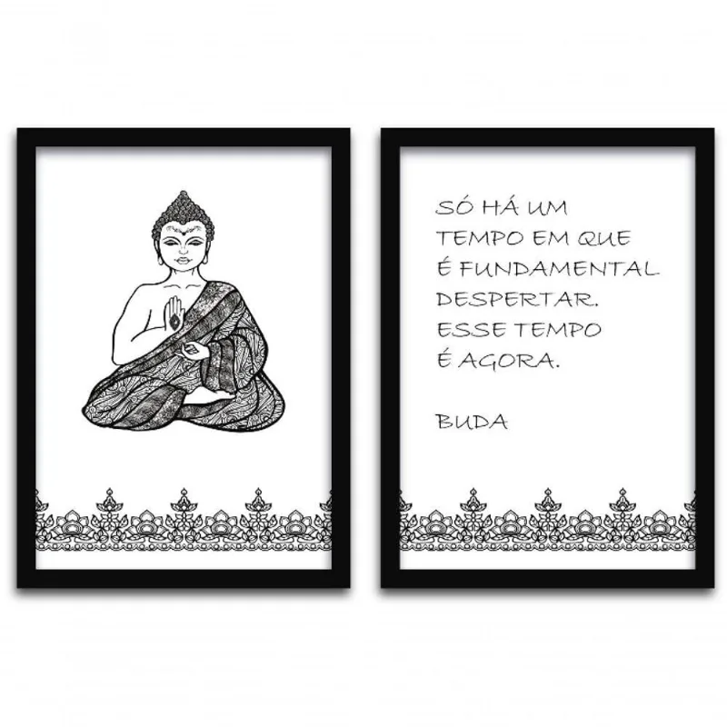 Conjunto Quadros 2pçs 40x60 Buda Moldura Preta Fundo Branco