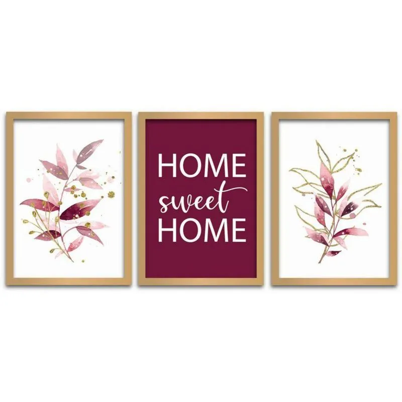 Quadros Decorativos 3 Peças 40x60 Home Sweet Home Dourada