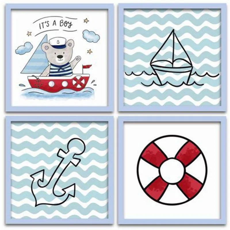 Conjunto Quadros Decorativos Infantil 4 pçs 20x20 Marinheiro