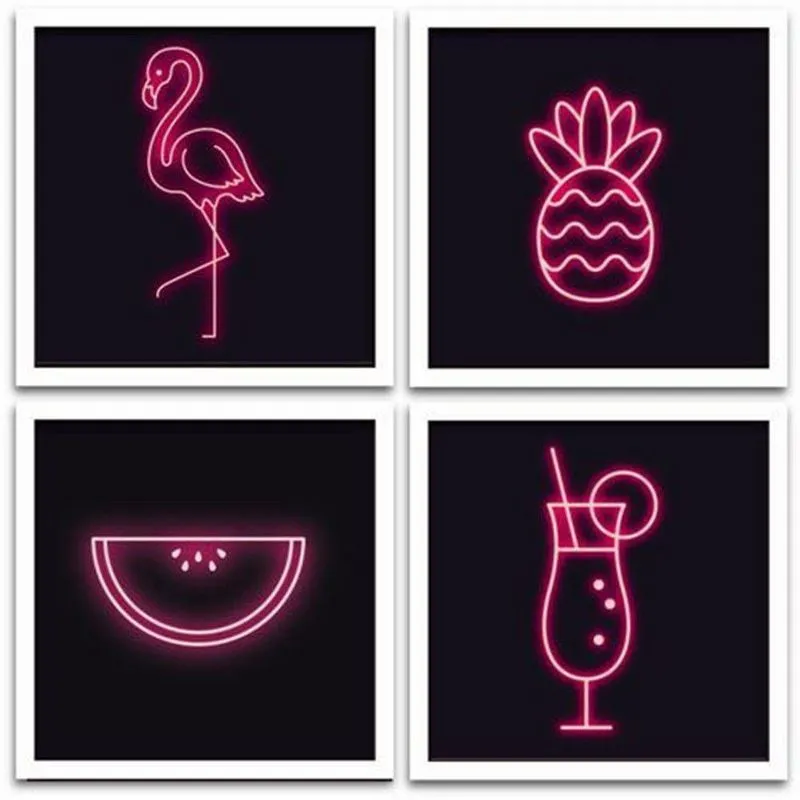 Conjunto Quadros Decorativos 4 peças 20x20 Neon Tropical