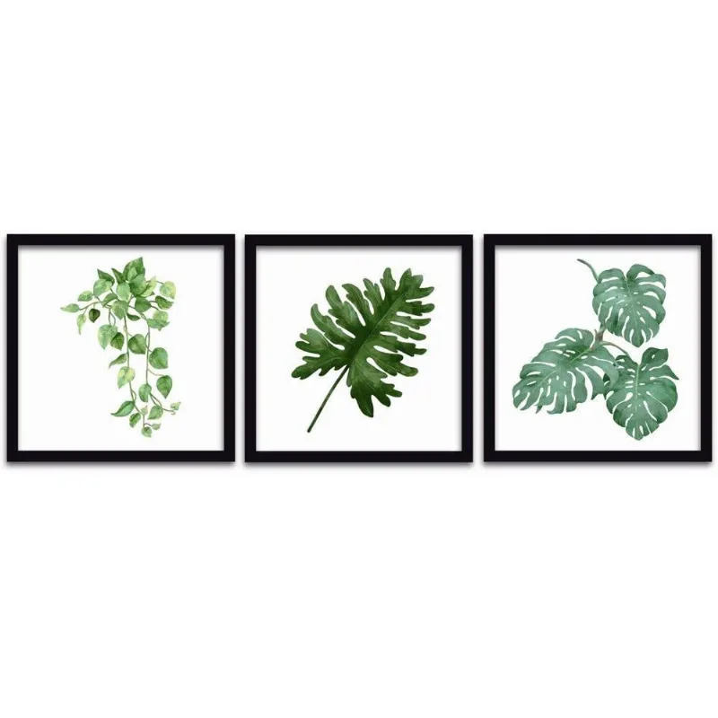Quadros Decorativos 3 peças 25X25 Folhas Moldura Preta