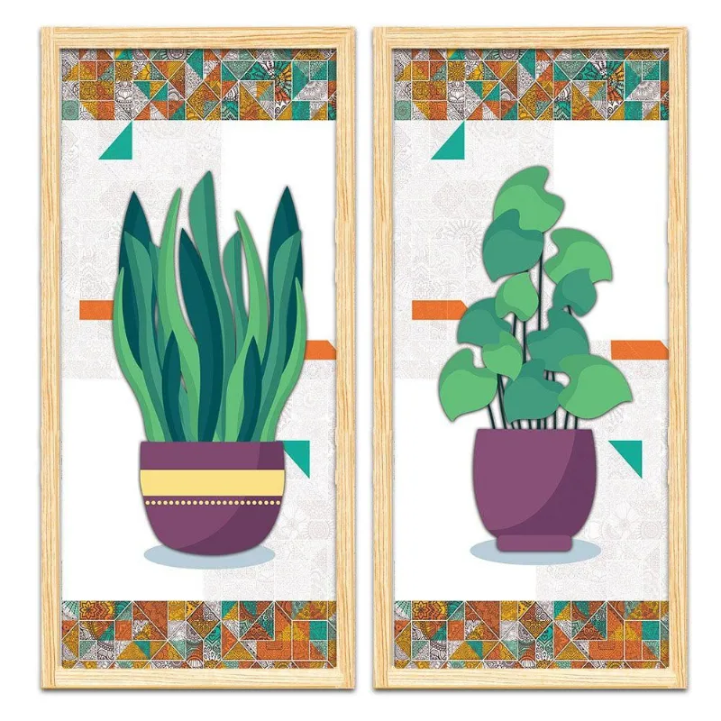 Kit 2 Quadros Decorativos 20x45 Vasos e Azulejos