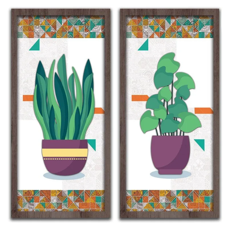 Conjunto Quadros Decorativos 2 pçs 20x45 Vasos e Azulejos