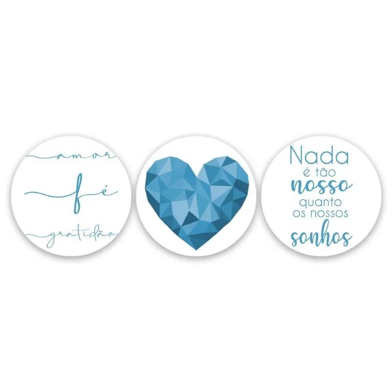 Kit Placas Quadro Decorativos Redondos 3 Pçs Coração Azul