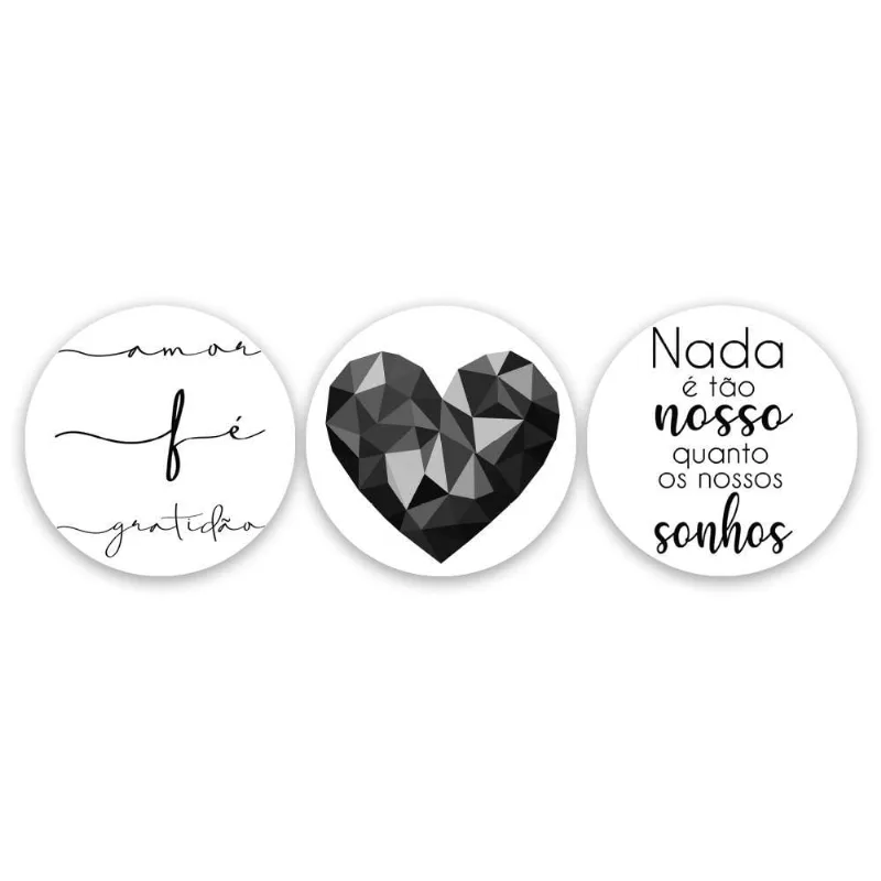 Kit Placas Quadro Decorativos Redondos 3 Pçs Coração Cinza