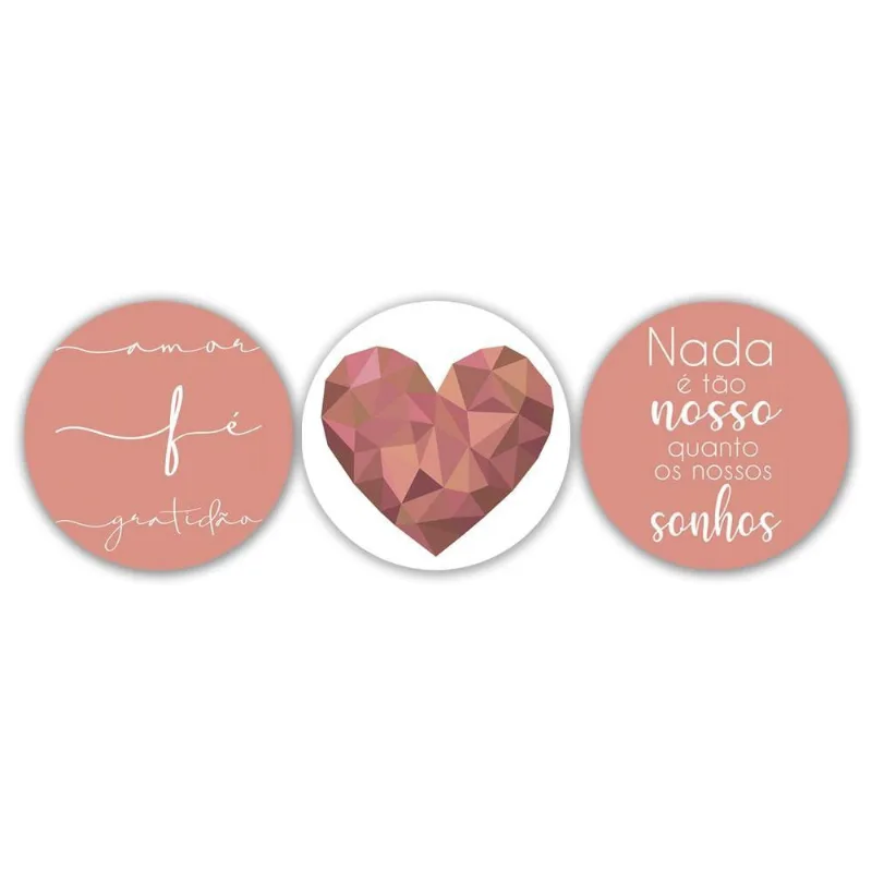 Kit Placas Quadro Decorativos Redondos 3 Pçs Coração Rosa