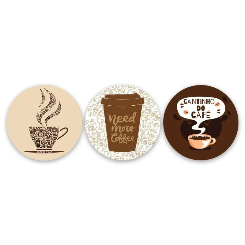 Kit Placa Quadro Redondo 3 Peças Mdf 25x25 Cantinho do Café