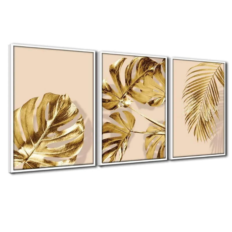 Quadro Premium Textura Cx Alta Folhas Ouro Em Bege 3un 40x60 Titulos Moldura Branca