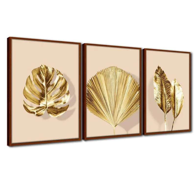 Quadro Premium Textura Cxalta Folhas Ouro Em Bege2 3un 40x60 Titulos Moldura Ocre