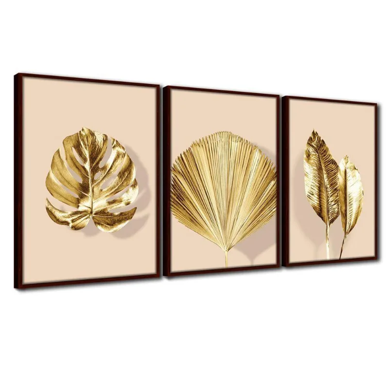 Quadro Premium Textura Cxalta Folhas Ouro Em Bege2 3un 40x60 Titulos Moldura Madeira