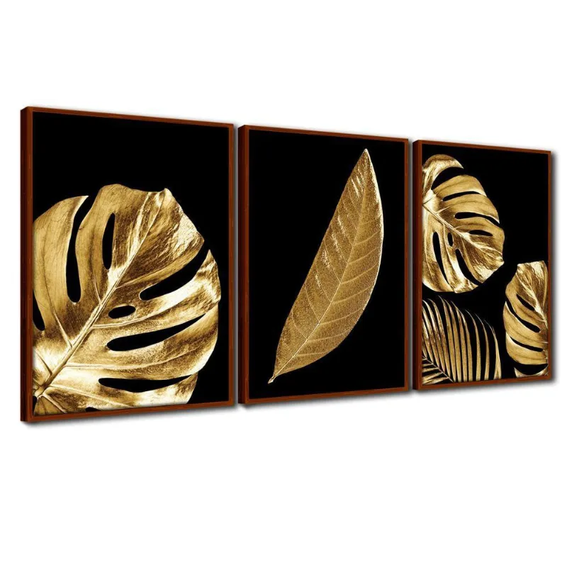 Quadro Premium Textura Cxalta Folha Ouro Em Preto1 3un 40x60 Titulos Moldura Ocre