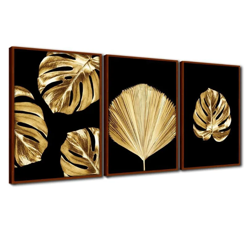 Quadro Premium Textura Cxalta Folha Ouro Em Preto2 3un 40x60 Titulos Moldura Ocre
