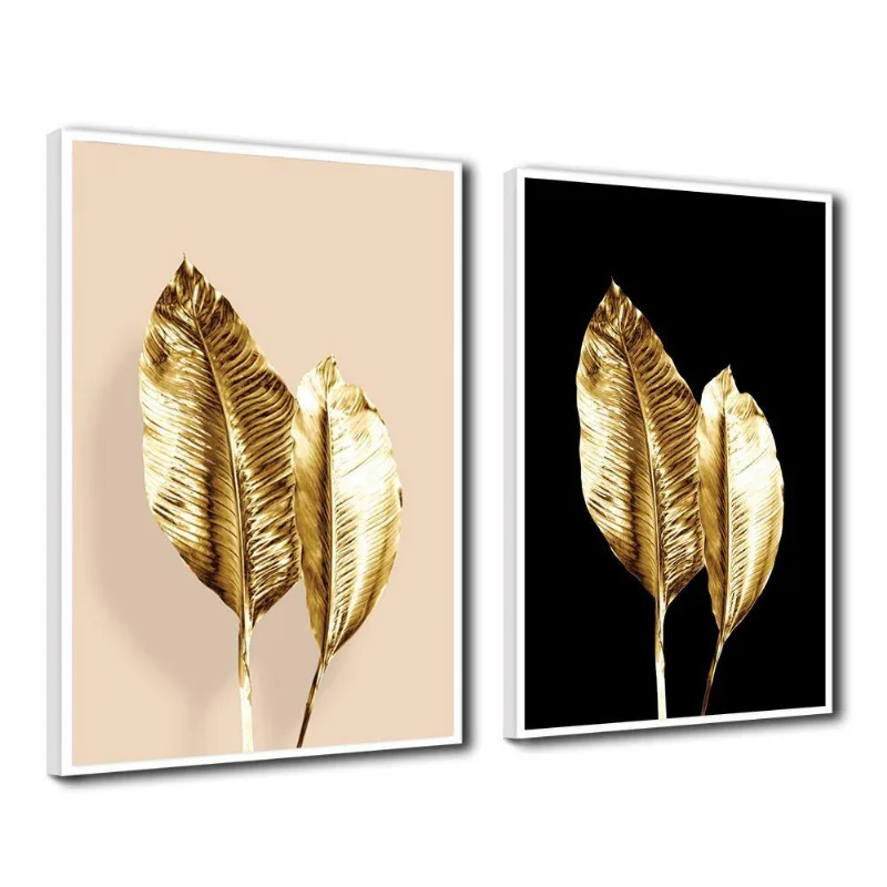 Quadro Premium Textura Cx Alta Folhas De Ouro 3 2un 40x60 Titulo Moldura Branca