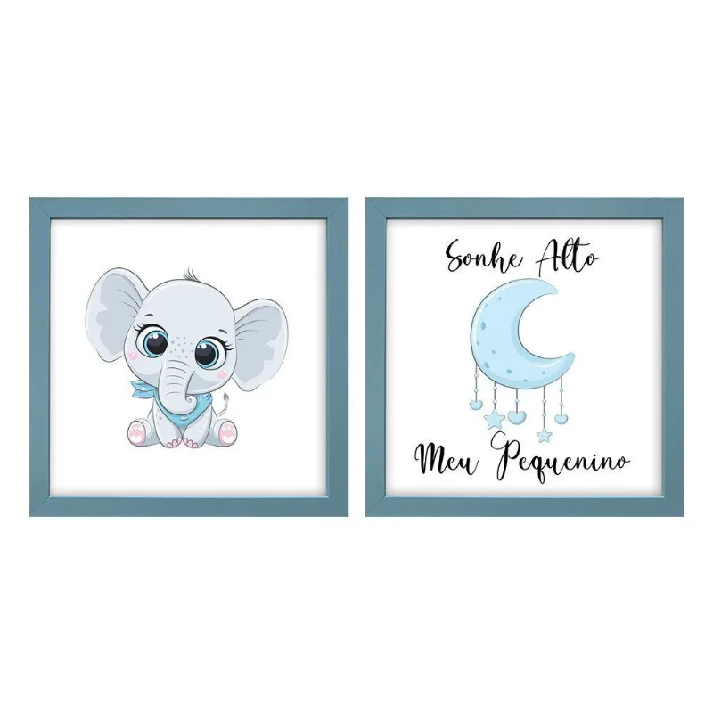 Kit 2 Quadro Infantil Elefante Menino Moldura 1