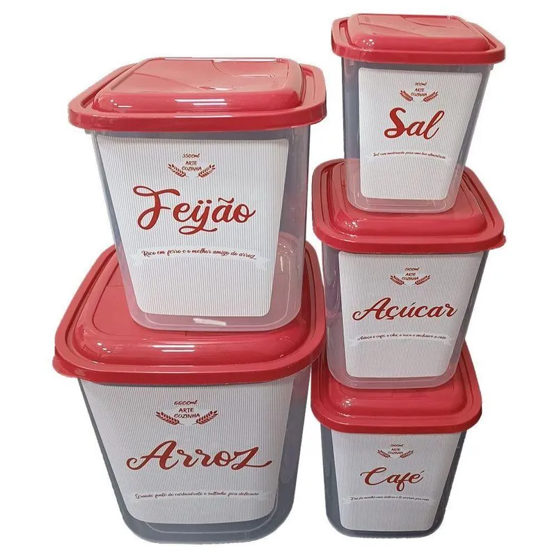 Kit 5 Potes De Mantimentos Com Etiqueta E Tampa De Encaixe Título Tampa Vermelha E Etiqueta