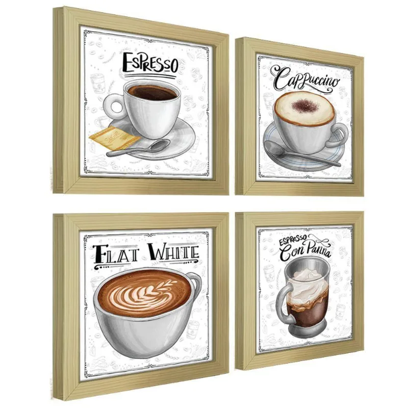 Quadro Decorativo Café Expresso Padaria Cozinha 12X12Cm 2 Titulo Moldura Marfim Listrado