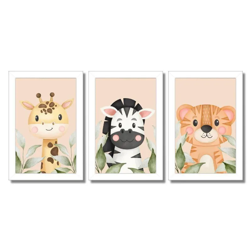 Kit 3 Quadros Safari Aquarela Infantil Quarto Vidro 20X30Cm Título Moldura Branca