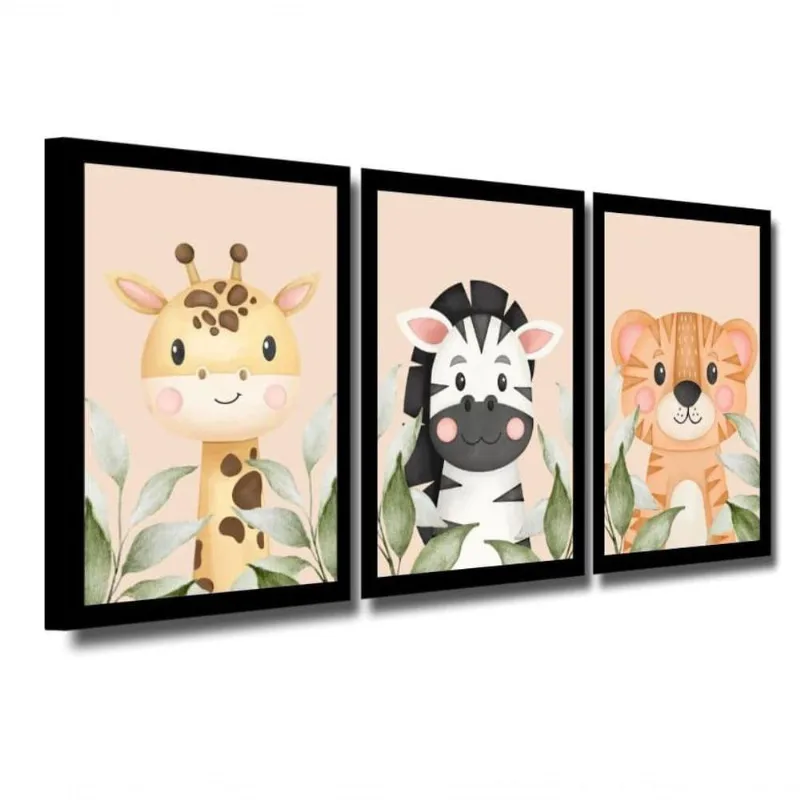 Kit 3 Quadros Safari Aquarela Infantil Quarto Vidro 20X30Cm Título Moldura Preta